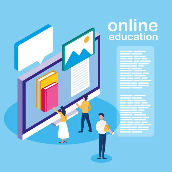 Educación en línea con escritorio y mini personas — Vector de stock
