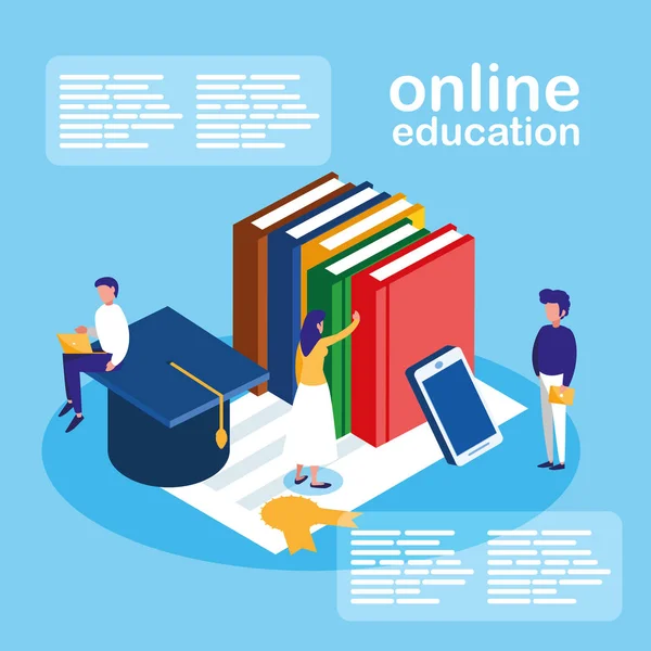 Online utbildning mini personer med smartphone och e-böcker — Stock vektor