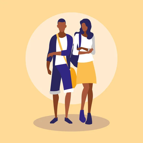 年轻的黑人夫妇与手袋的造型 — 图库矢量图片