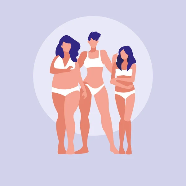 Ženy z různých velikostí, modelování spodní prádlo — Stockový vektor