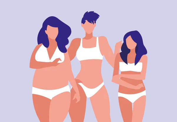 Ženy z různých velikostí, modelování spodní prádlo — Stockový vektor