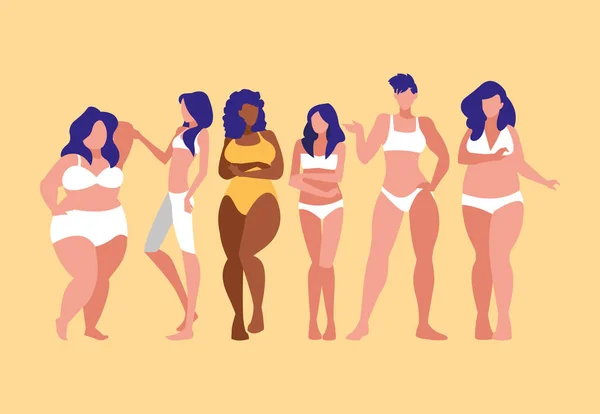 Mujeres de diferentes tamaños y razas modelado ropa interior — Vector de stock