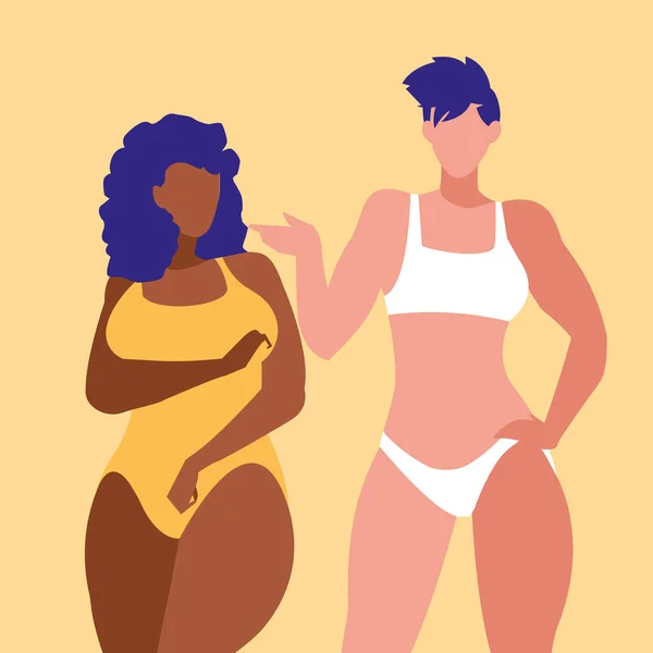 Vrouwen van verschillende maten en rassen modelleren ondergoed — Stockvector