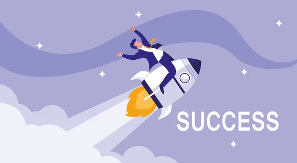 Successful businessman celebrating in rocket — Stock Vector