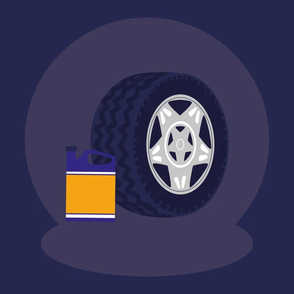 Roda de carro pneu com galão de óleo — Vetor de Stock
