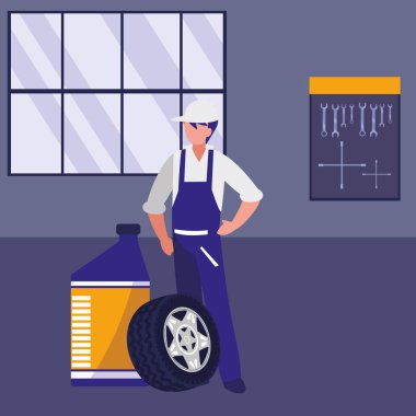 Petrol galon ve lastik parça ile makinist işçisi