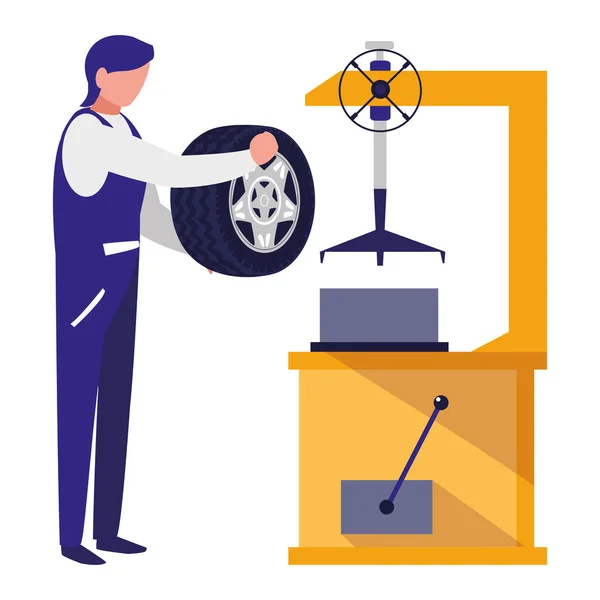 Mechanik pracovník s pneu měnič stroj — Stockový vektor