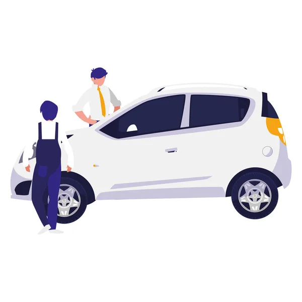 Trabajador mecánico con coche y cliente — Vector de stock