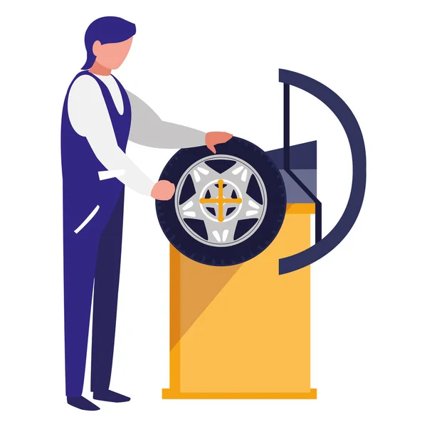 Mechanik pracovník s pneu měnič stroj — Stockový vektor