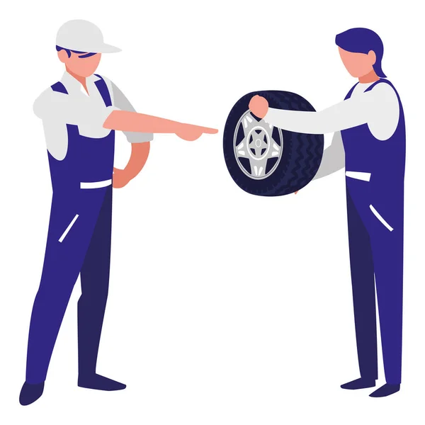 Mechanics workers with tire car characters — Stock Vector