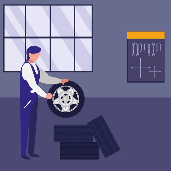Trabajador mecánico con neumáticos coche — Vector de stock