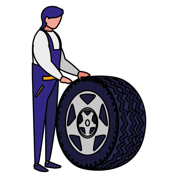 Mécanicien avec voiture de pneu — Image vectorielle