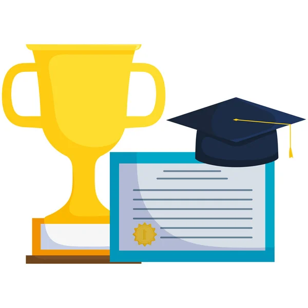 Certificado de graduação e chapéu com copo de troféu —  Vetores de Stock