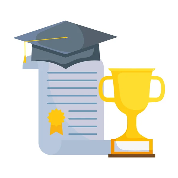 Certificado de graduación y sombrero con copa de trofeo — Vector de stock