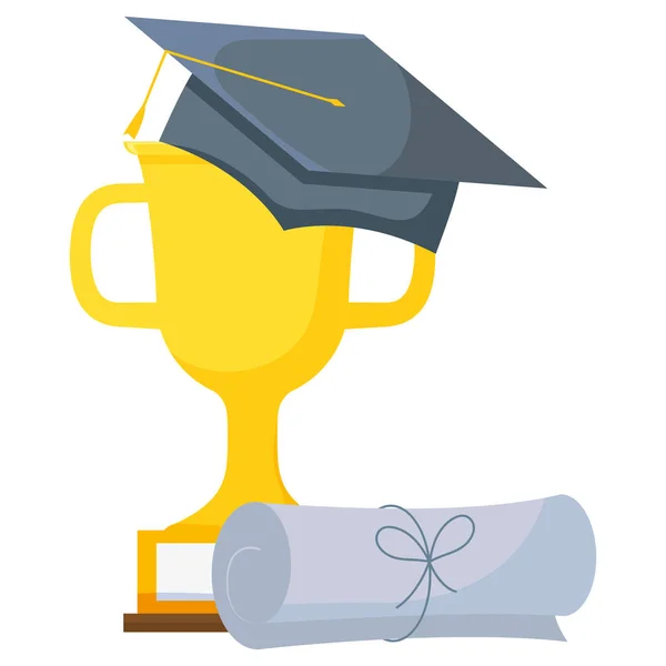 Graduation certificate and hat with trophy cup — Stock Vector
