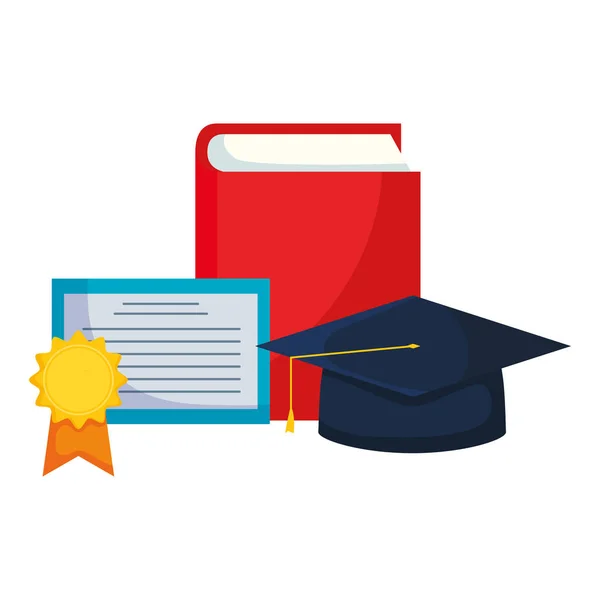 Ballagási kalap és a diploma tankönyv — Stock Vector