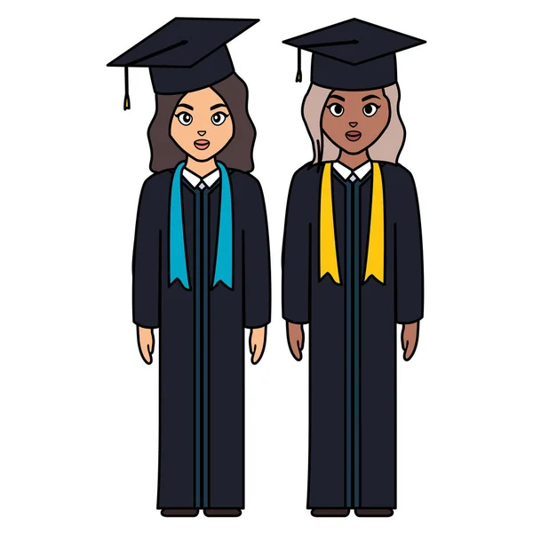 Νέοι φοιτητές αποφοίτησε κορίτσια ποικιλομορφία χαρακτήρων — Διανυσματικό Αρχείο