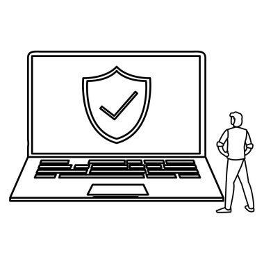 dizüstü bilgisayar ile kalkan kullanan adam