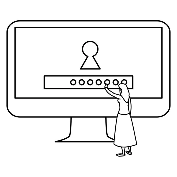 Mulher usando computador desktop —  Vetores de Stock