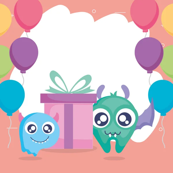 Verrückte Monster mit Geschenk und Luftballons Helium — Stockvektor