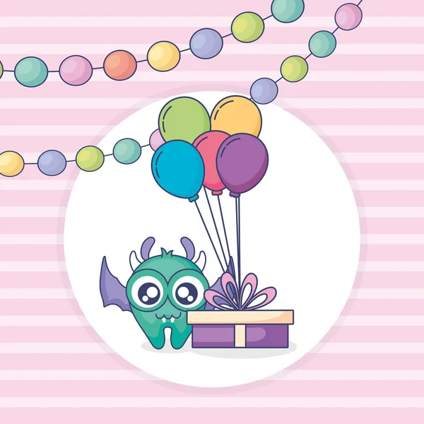 Crazy Monster mit Geschenk und Luftballons Helium-Charakter — Stockvektor