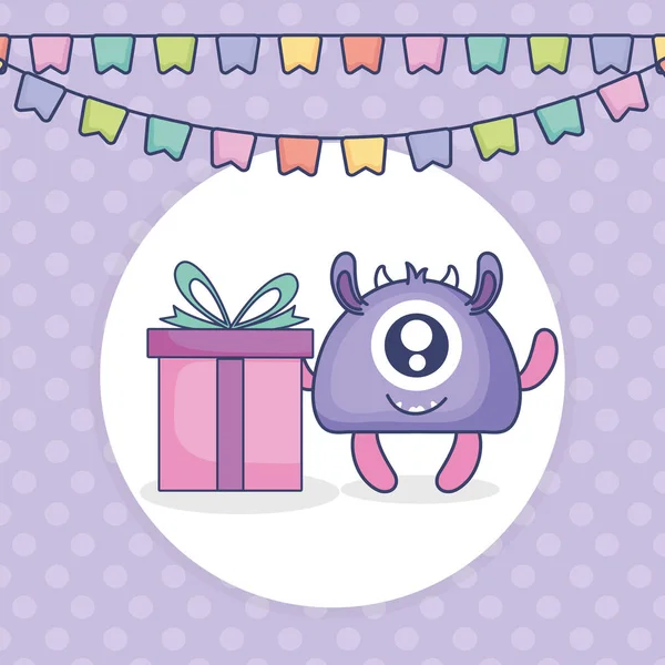 Monstruo loco con regalo y guirnaldas — Vector de stock