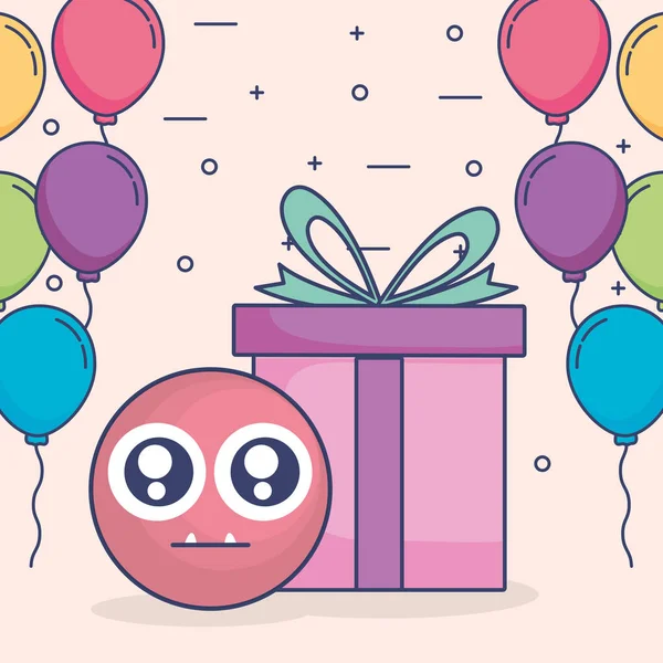 Emoticono cara con globos helio y regalo — Vector de stock