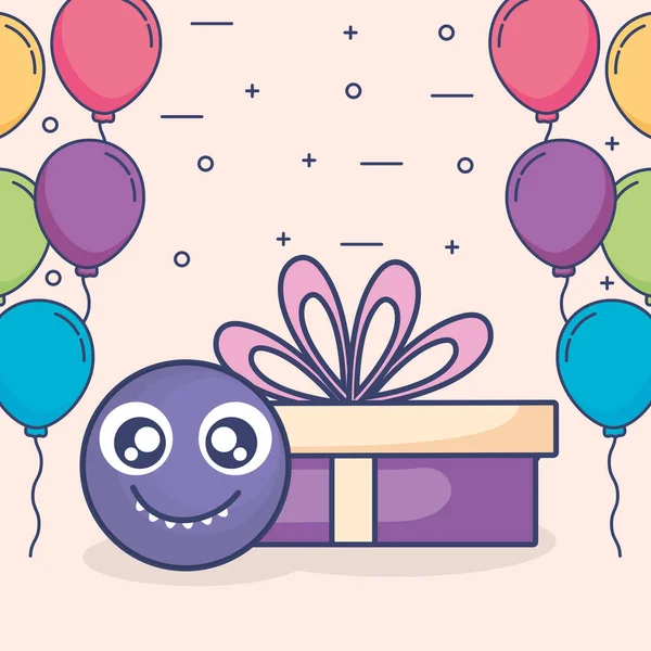 表情符号脸与气球氦和礼物 — 图库矢量图片