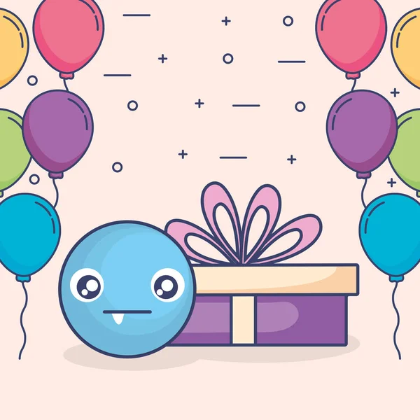 Emoticon rosto com balões de hélio e presente —  Vetores de Stock