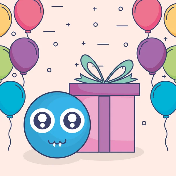 Emoticon rosto com balões de hélio e presente —  Vetores de Stock