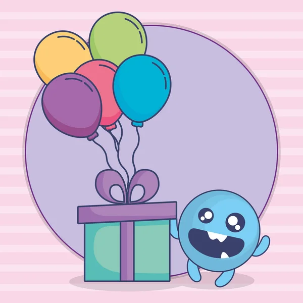 Visage émoticône avec ballons hélium et cadeau — Image vectorielle