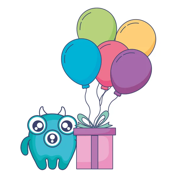 Crazy monster with gift and balloons helium character — Stock Vector
