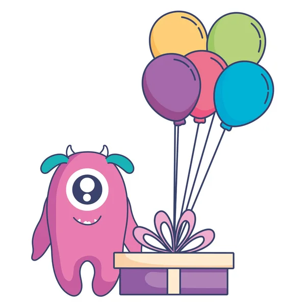 Crazy monster with gift and balloons helium character — Stock Vector