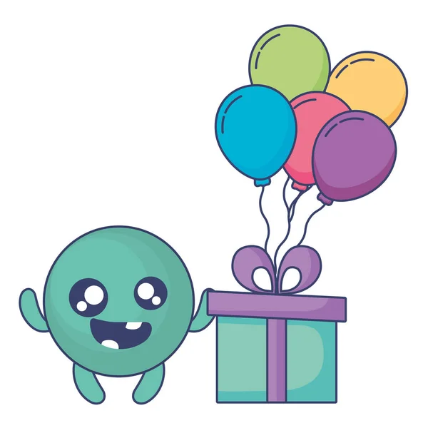 Emoticono cara con globos helio y regalo — Vector de stock