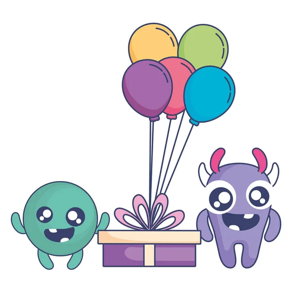 Monstros loucos com presentes e balões personagens de hélio — Vetor de Stock