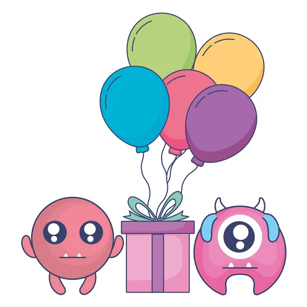 Monstruos locos con regalo y globos personajes de helio — Vector de stock