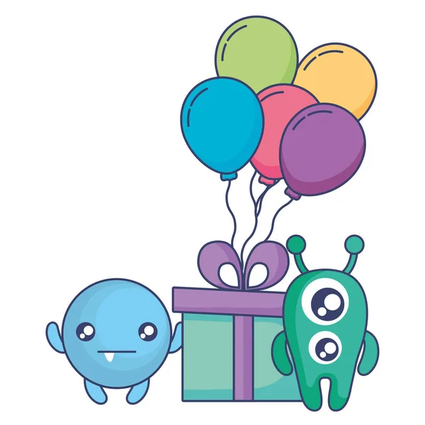 Verrückte Monster mit Geschenk und Luftballons Heliumfiguren — Stockvektor
