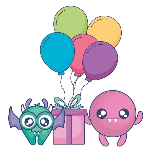 Crazy monsters with gift and balloons helium characters — Stock Vector