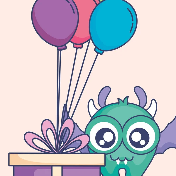Monstre fou avec cadeau et ballons hélium caractère — Image vectorielle