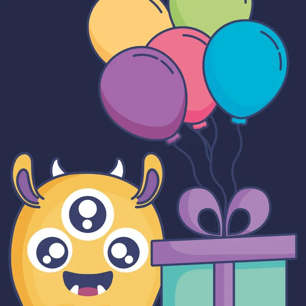 Monstre fou avec cadeau et ballons hélium caractère — Image vectorielle
