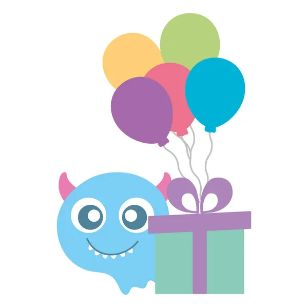 Crazy Monster mit Geschenk und Luftballons Helium-Charakter — Stockvektor