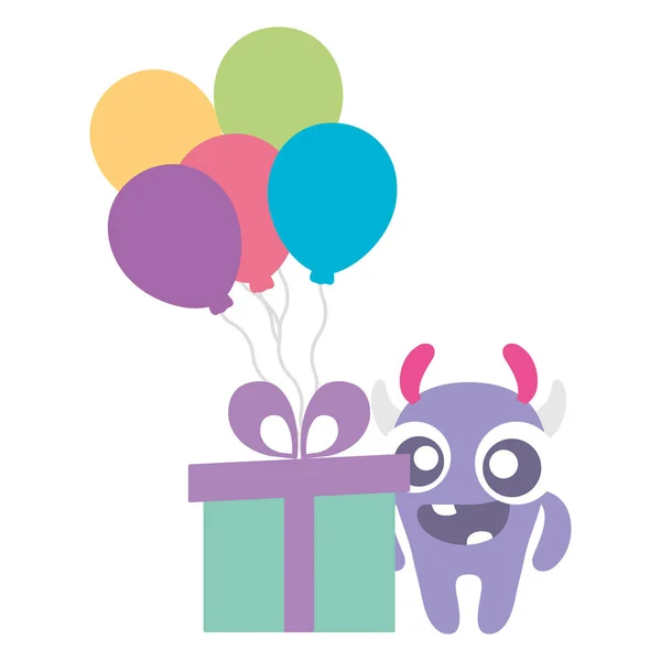 Crazy Monster mit Geschenk und Luftballons Helium-Charakter — Stockvektor