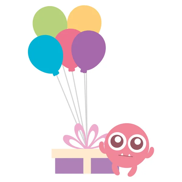Emoticon face with balloons helium and gift — Stock Vector