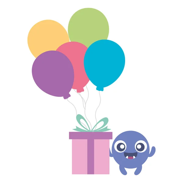 Emoticon face with balloons helium and gift — Stock Vector