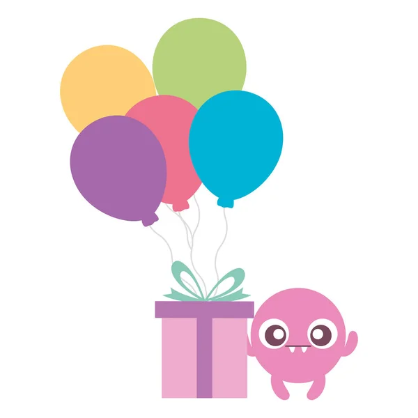 Emoticon face with balloons helium and gift — Stock Vector