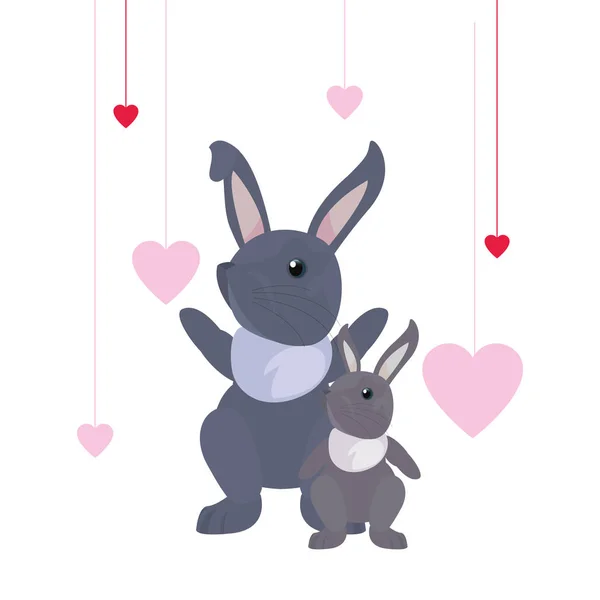 Cute rabbits hearts love — Stock Vector