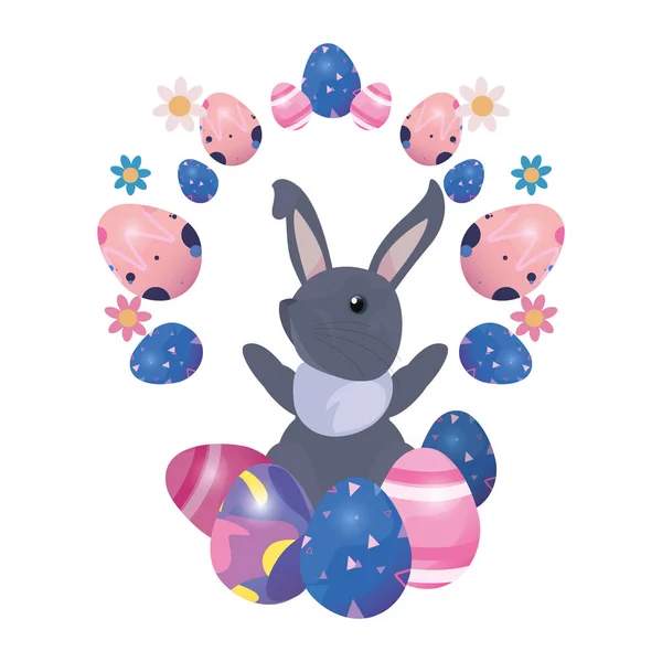 Lindo conejito y huevos pintura Pascua — Vector de stock