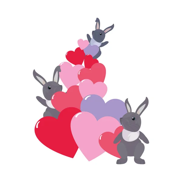 Cute rabbits hearts love — Stock Vector