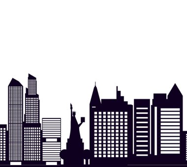 Özgürlük heykeli ile bina cityscape sahne