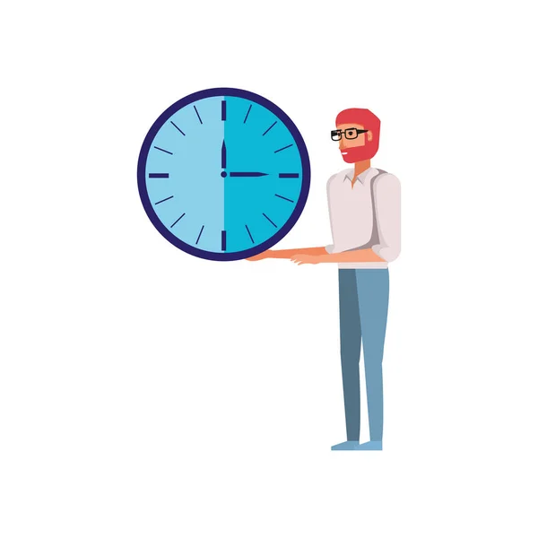 Time clock with young man — Stock Vector